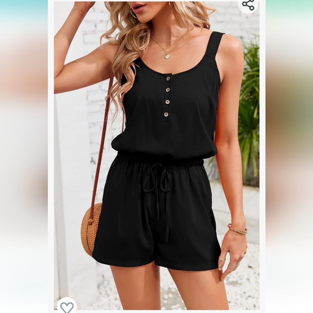 Women's Black Scoop Neck Sleeveless Button Down Jumpsuit Rompers Adjusta…